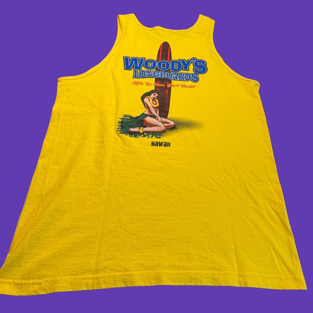 Woody's Longboards Hawaii Tank Top M/L Yellow Hula Girl Surf 2 Sided Graphic Y2K